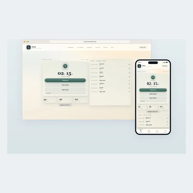 Faro - clocking in on desktop and phone