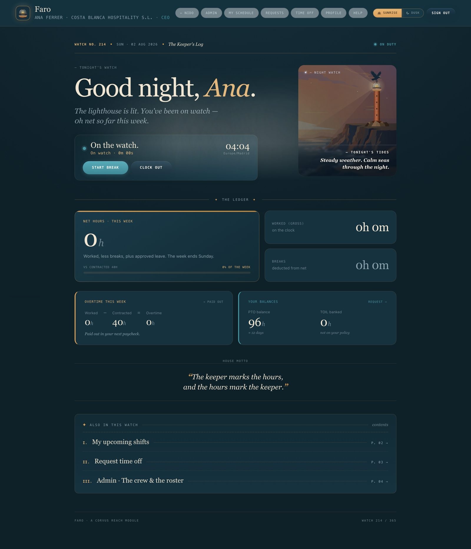 Faro clock page dusk