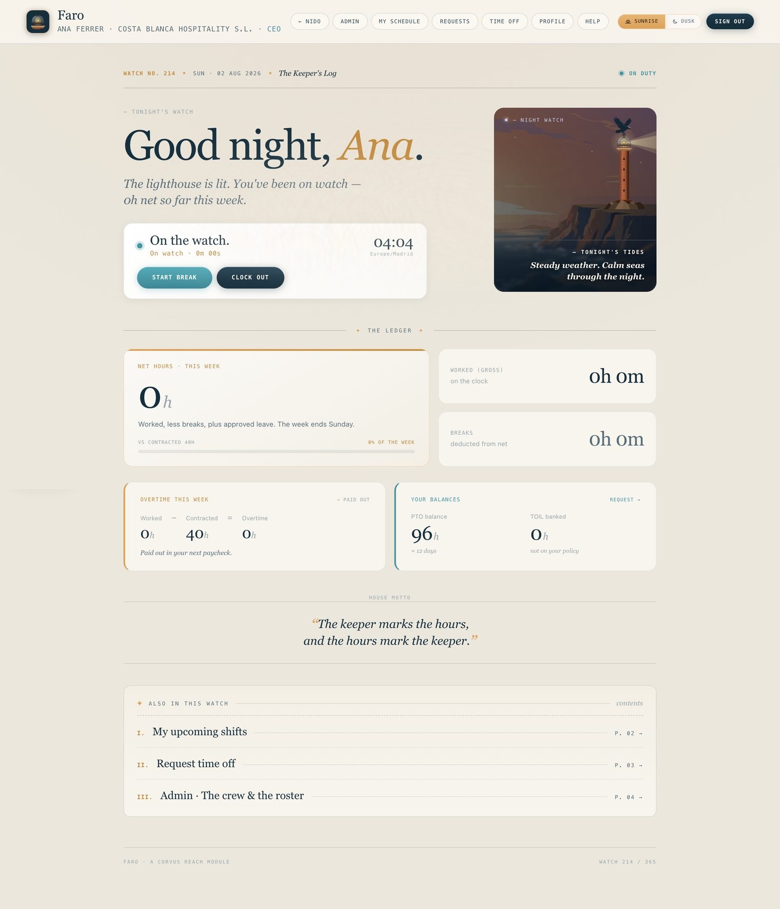 Faro clock page