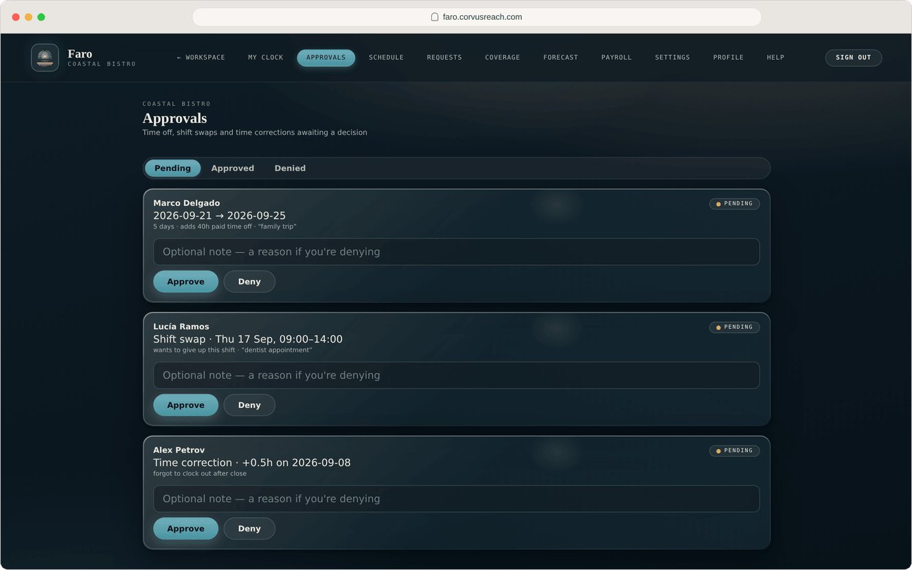Faro approvals queue, Command dark