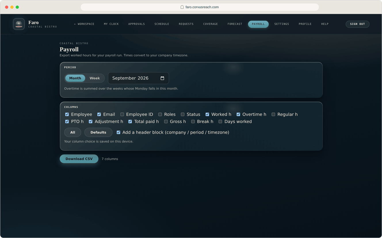 Faro payroll export, Command dark