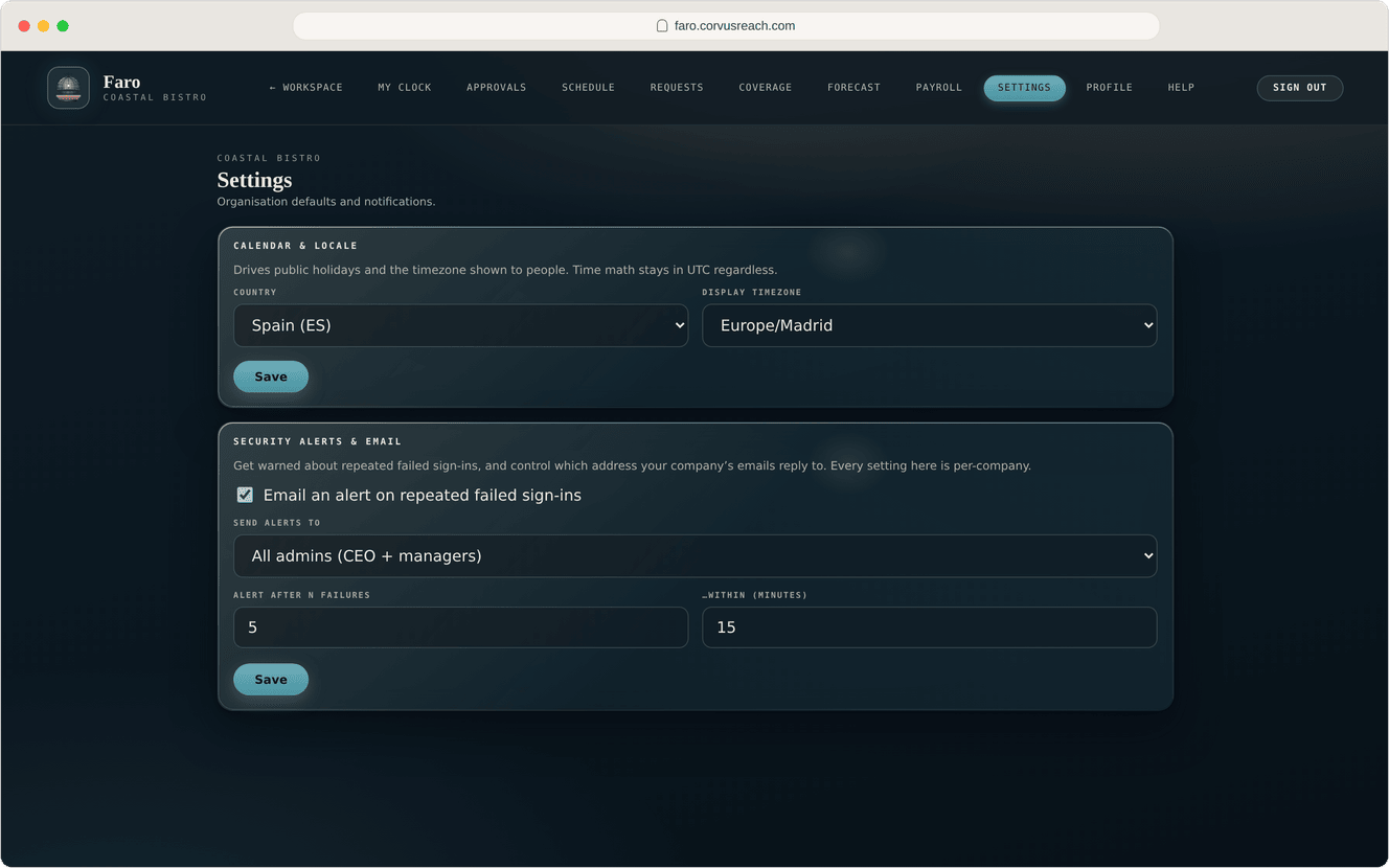Faro settings, Command dark