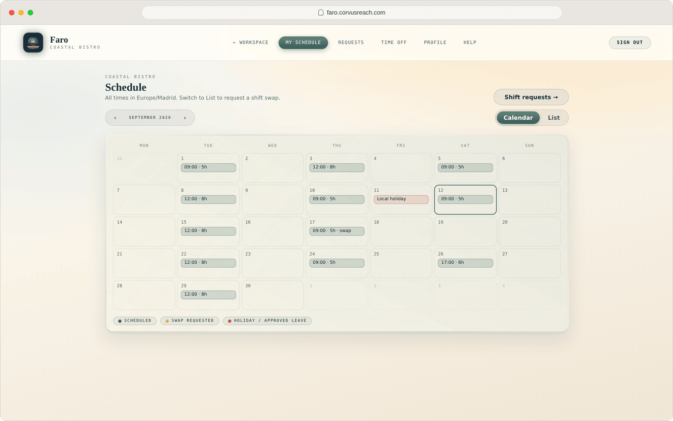 Faro schedule, Atrium light, desktop