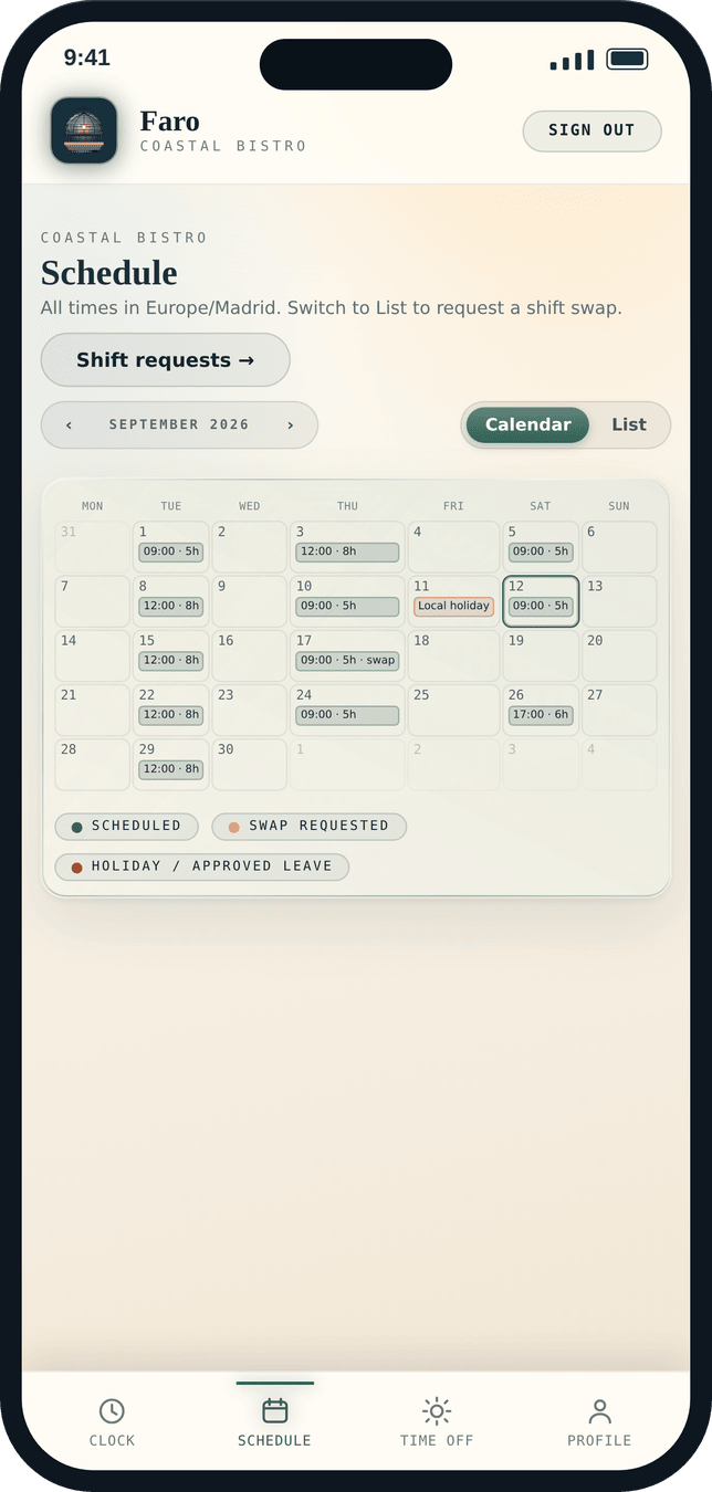Faro schedule, Atrium light, phone