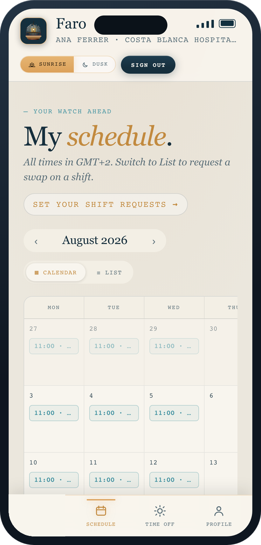 Faro schedule, light