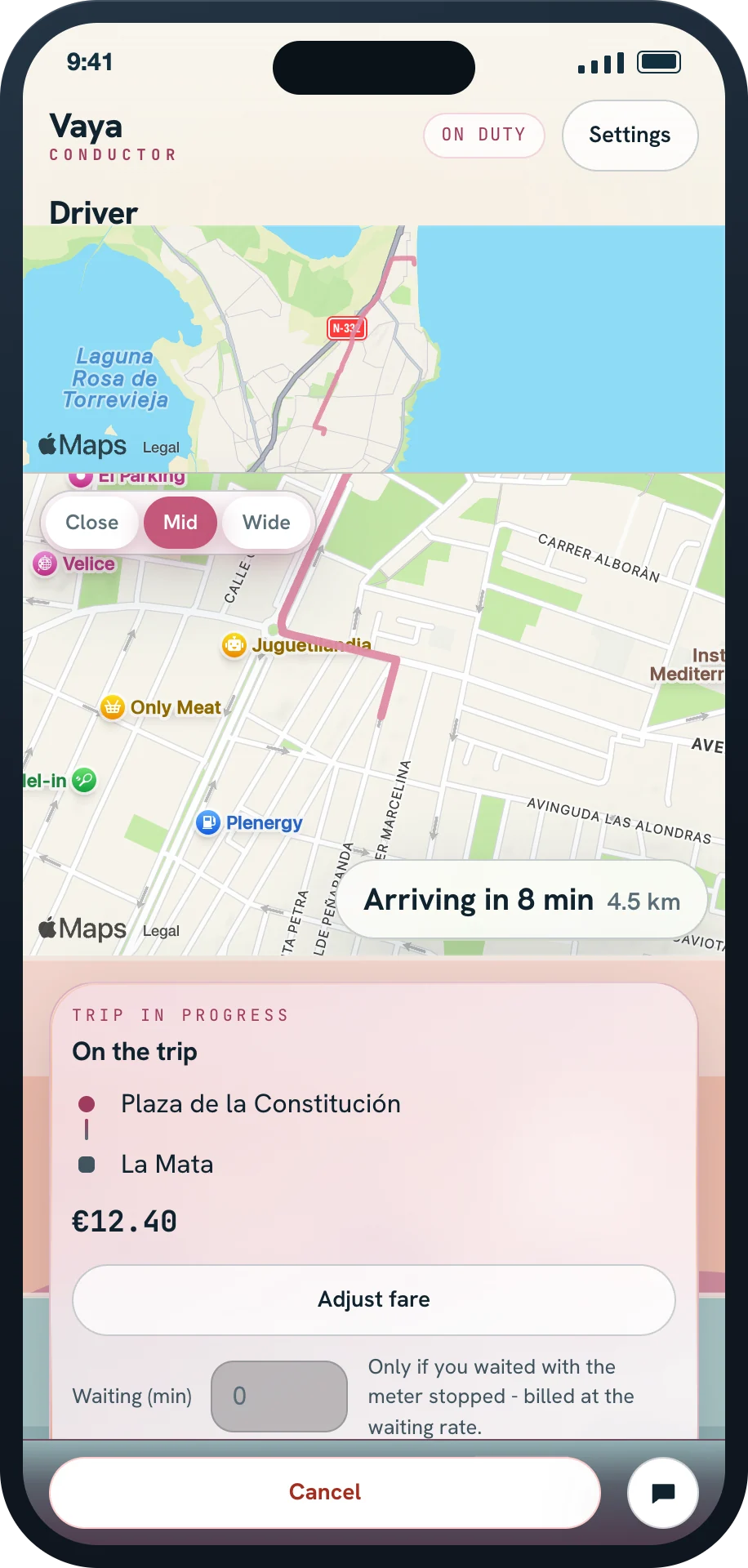Vaya - driver view, trip in progress