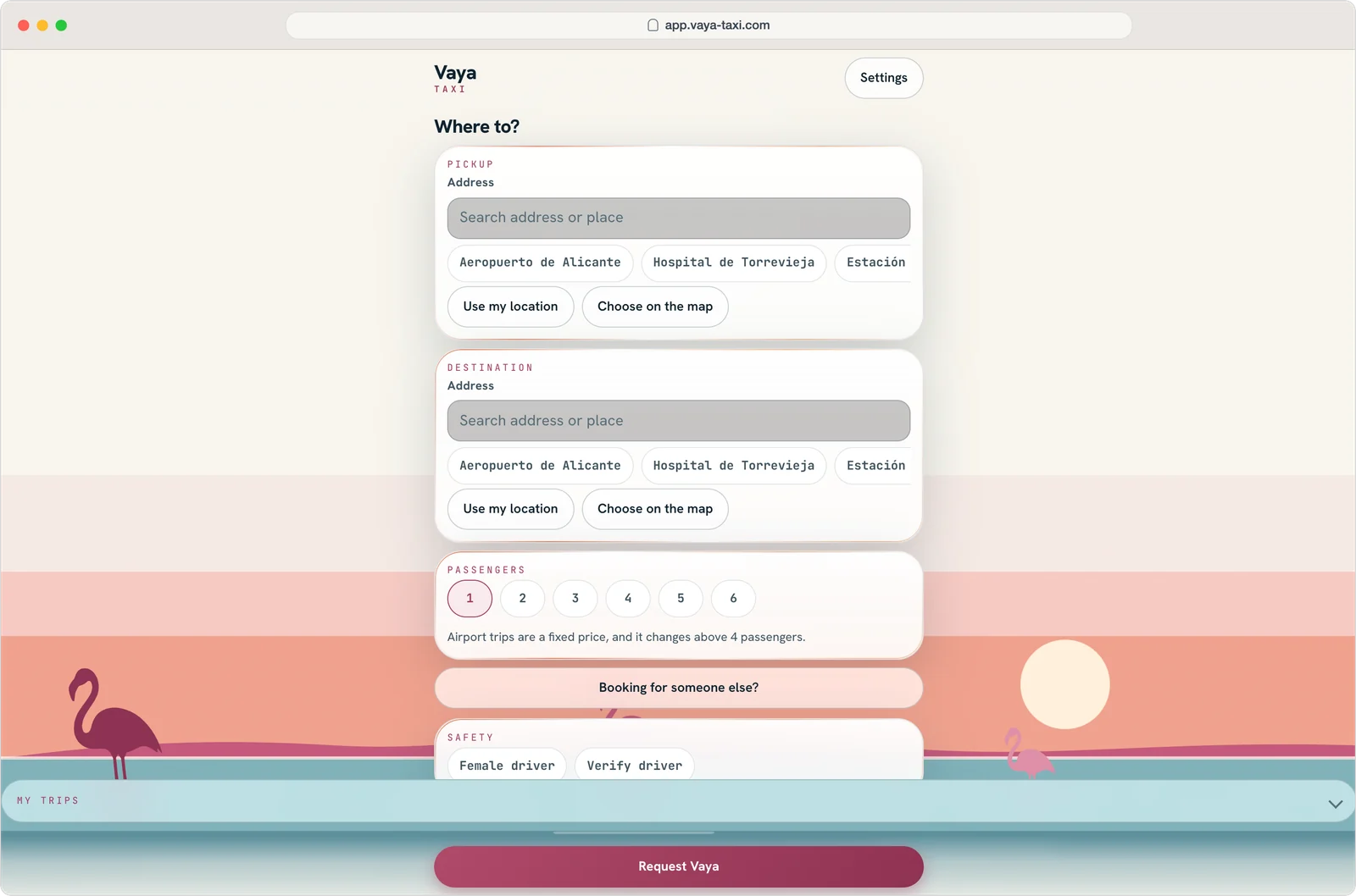 Vaya web app, booking a ride